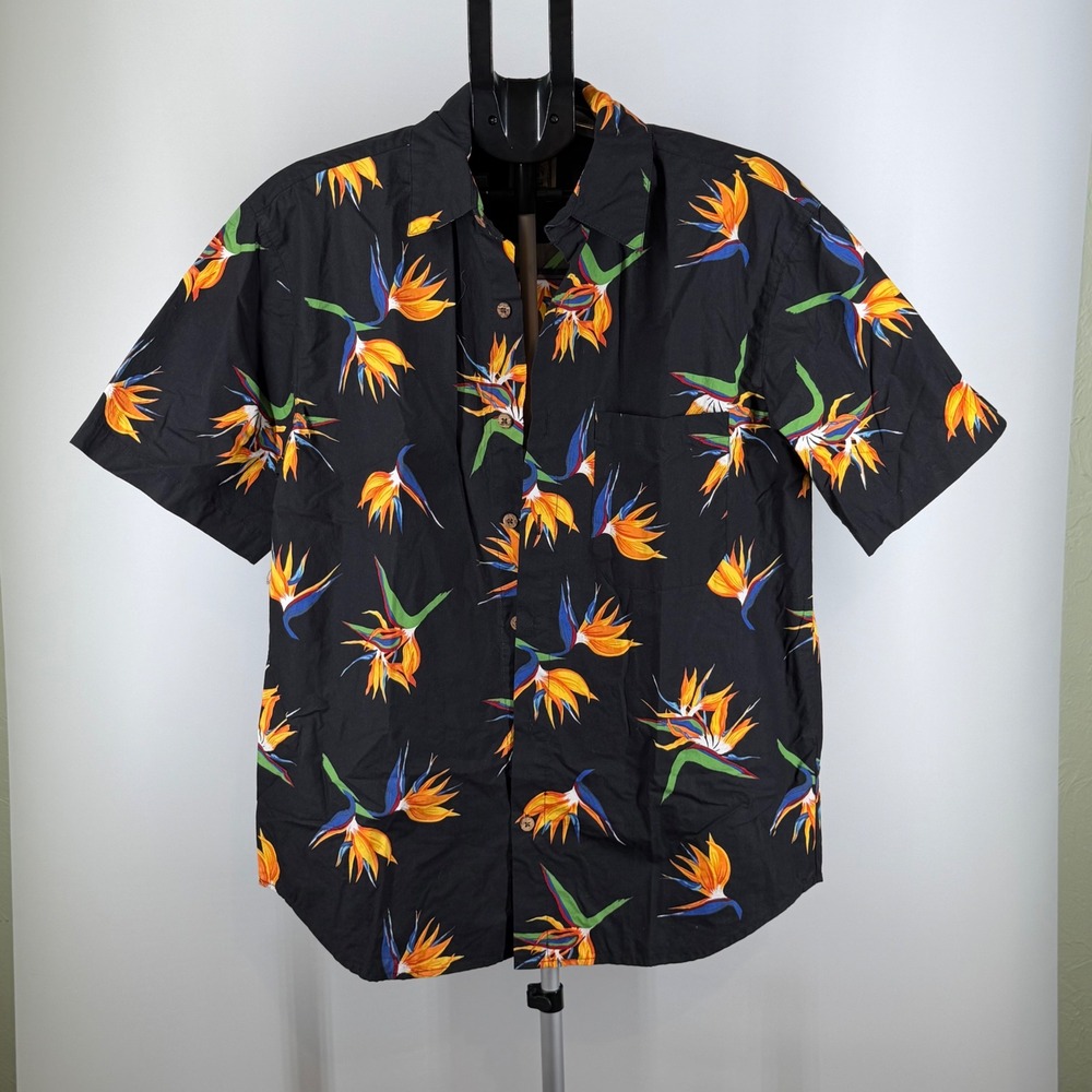 Roundtree & Yorke Mens Bird of Paradise Floral Shirt Black Cotton Tropical M‎